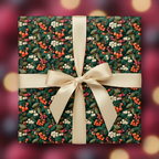 Square gift wrapped in berry floral Christmas wrapping paper with a cream satin ribbon bow.