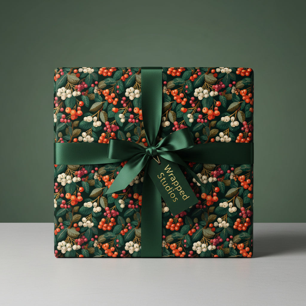 Elegant square gift wrapped in dark floral Christmas wrapping paper with green ribbon and berry design.
