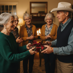 Gift exchange with floral wrapping paper and red ribbon, elders gathering around a fireplace.