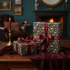 Elegant gifts wrapped in dark floral wrapping paper with burgundy ribbon, in a cozy holiday setting.