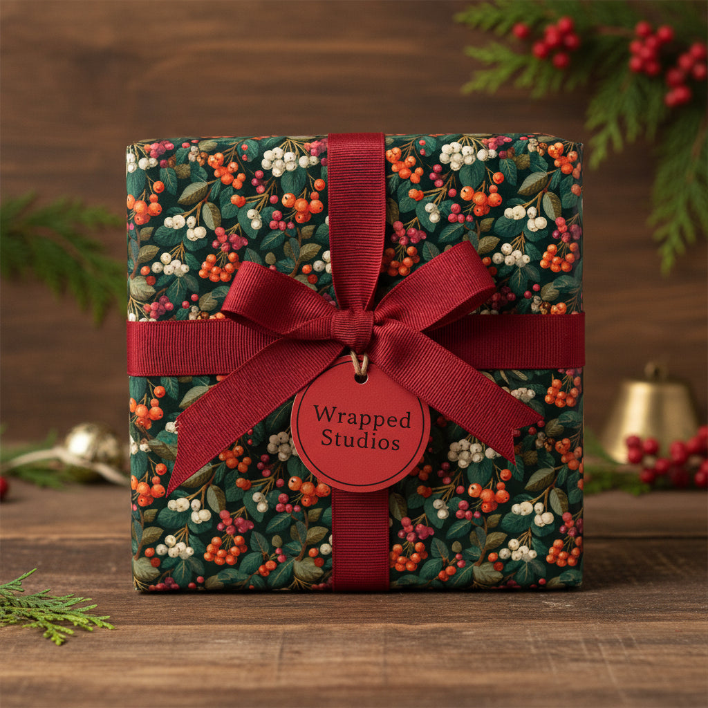 Square gift wrapped in festive floral Christmas gift wrap with a red ribbon and bow.