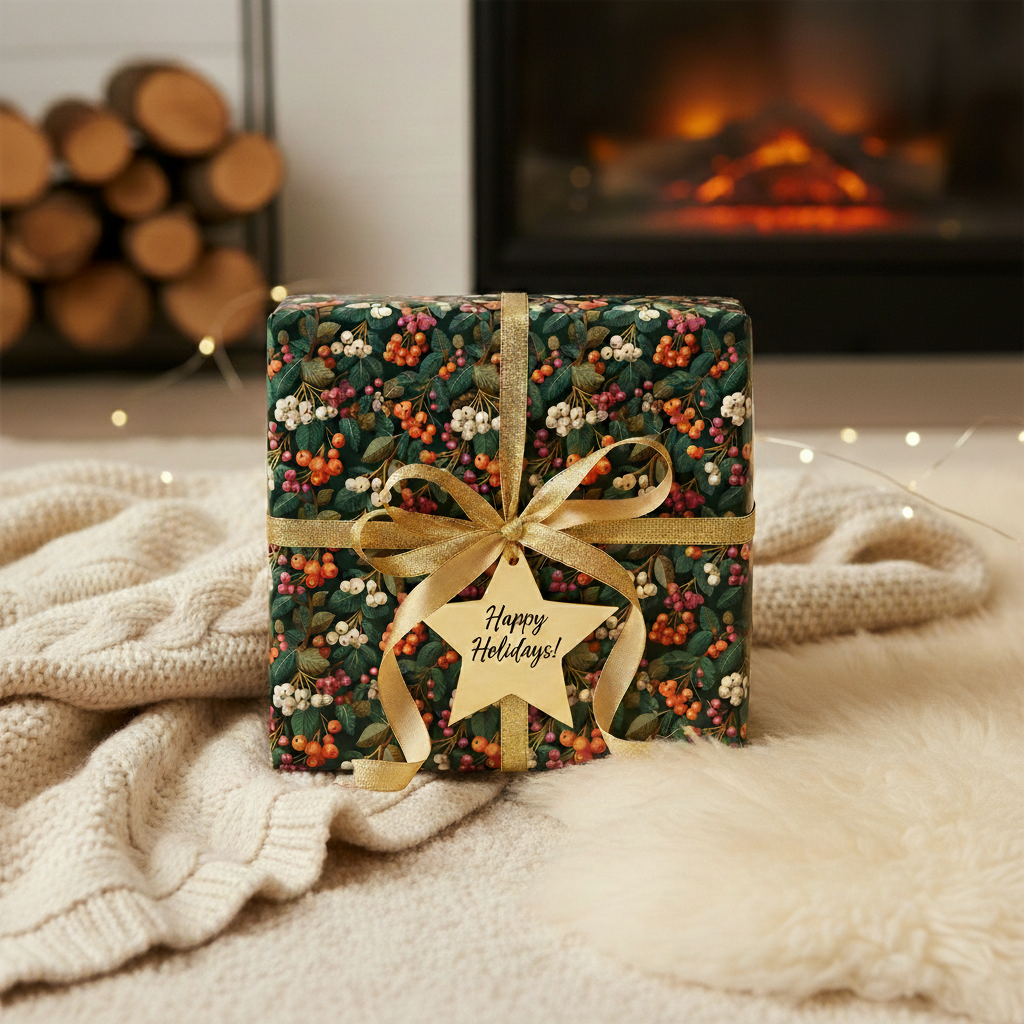 Square gift wrapped in berry floral wrapping paper with gold ribbon and star tag, "Happy Holidays!"