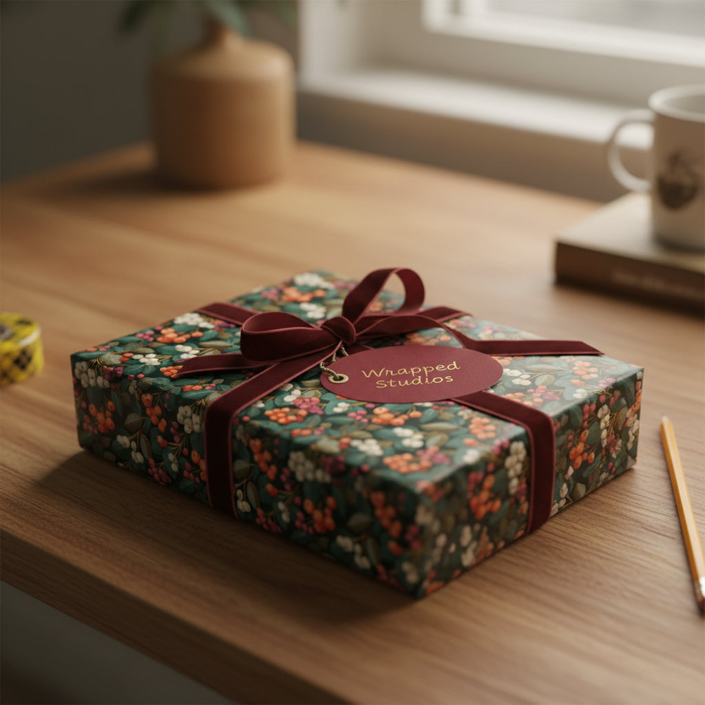 Elegant floral wrapping paper with burgundy velvet ribbon on a wood desk, perfect for birthdays.