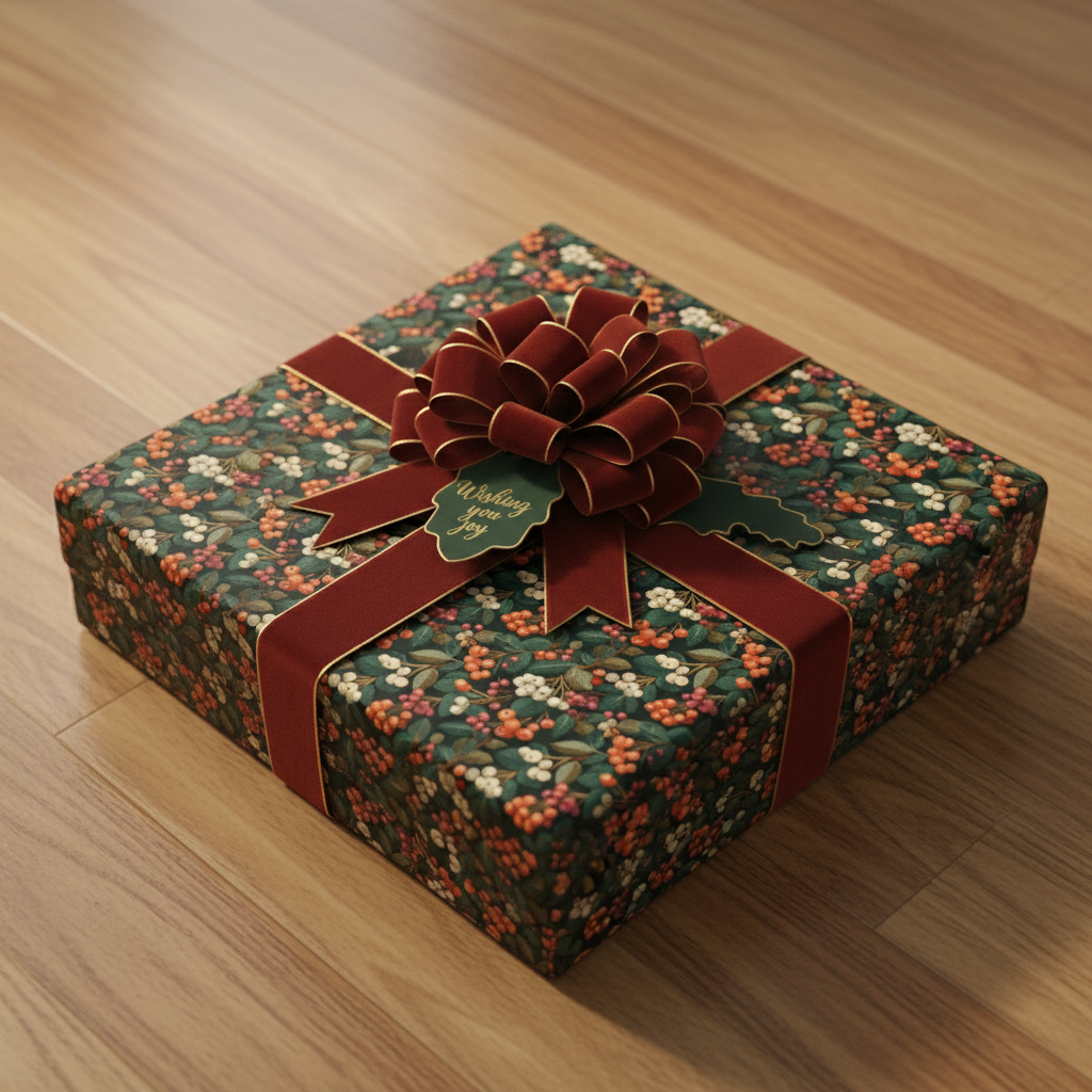 Elegant gift box wrapped in dark floral wrapping paper with a large burgundy velvet bow on wood.