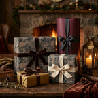 Elegant gift boxes wrapped in floral wrapping paper and tied with velvet ribbon, set by a cozy fireplace.