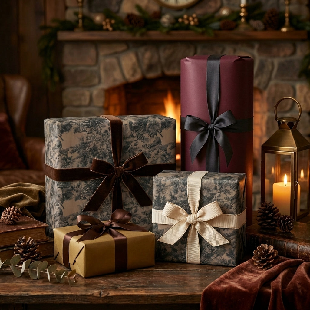 Elegant gift boxes wrapped in floral wrapping paper and tied with velvet ribbon, set by a cozy fireplace.