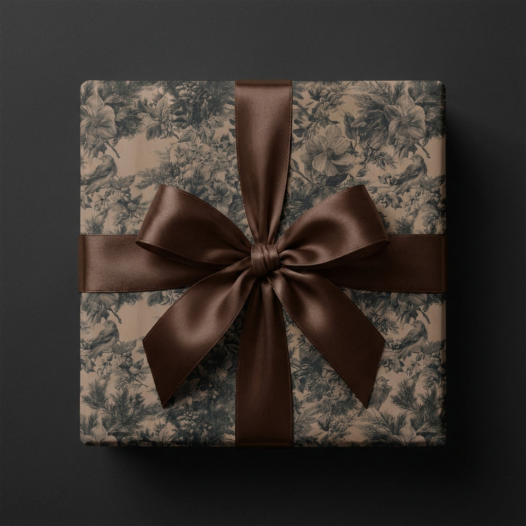 Elegant floral wrapping paper with a satin brown ribbon bow, ideal for luxury gift wrap. Wrapped Studios.