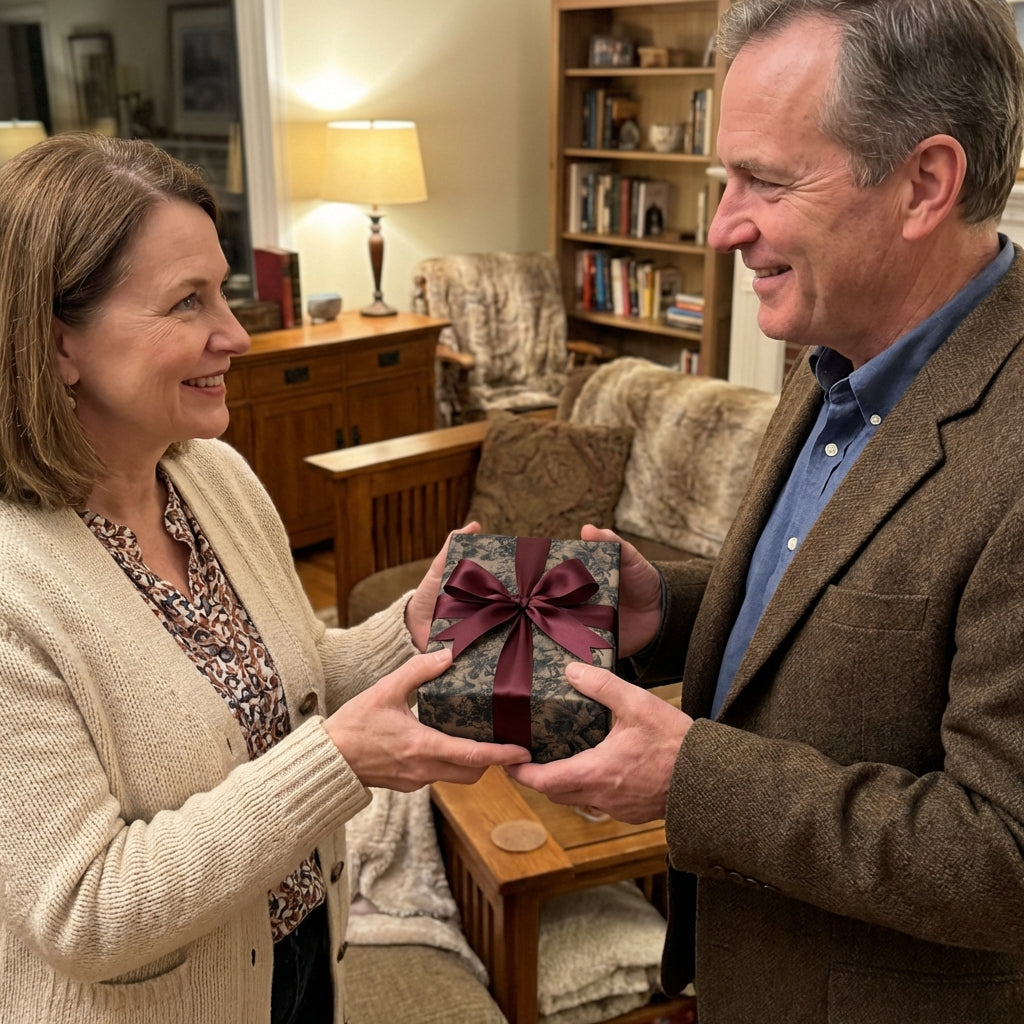 Exchanging gifts wrapped in dark floral wrapping paper with a burgundy ribbon bow.
