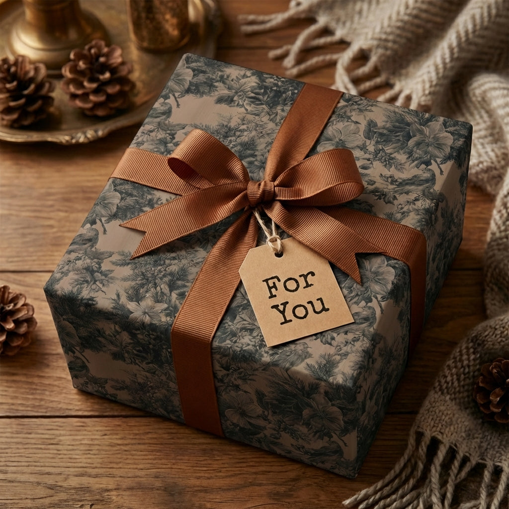 Elegant floral wrapping paper, Wrapped Studios gift wrap with brown ribbon and "For You" tag.