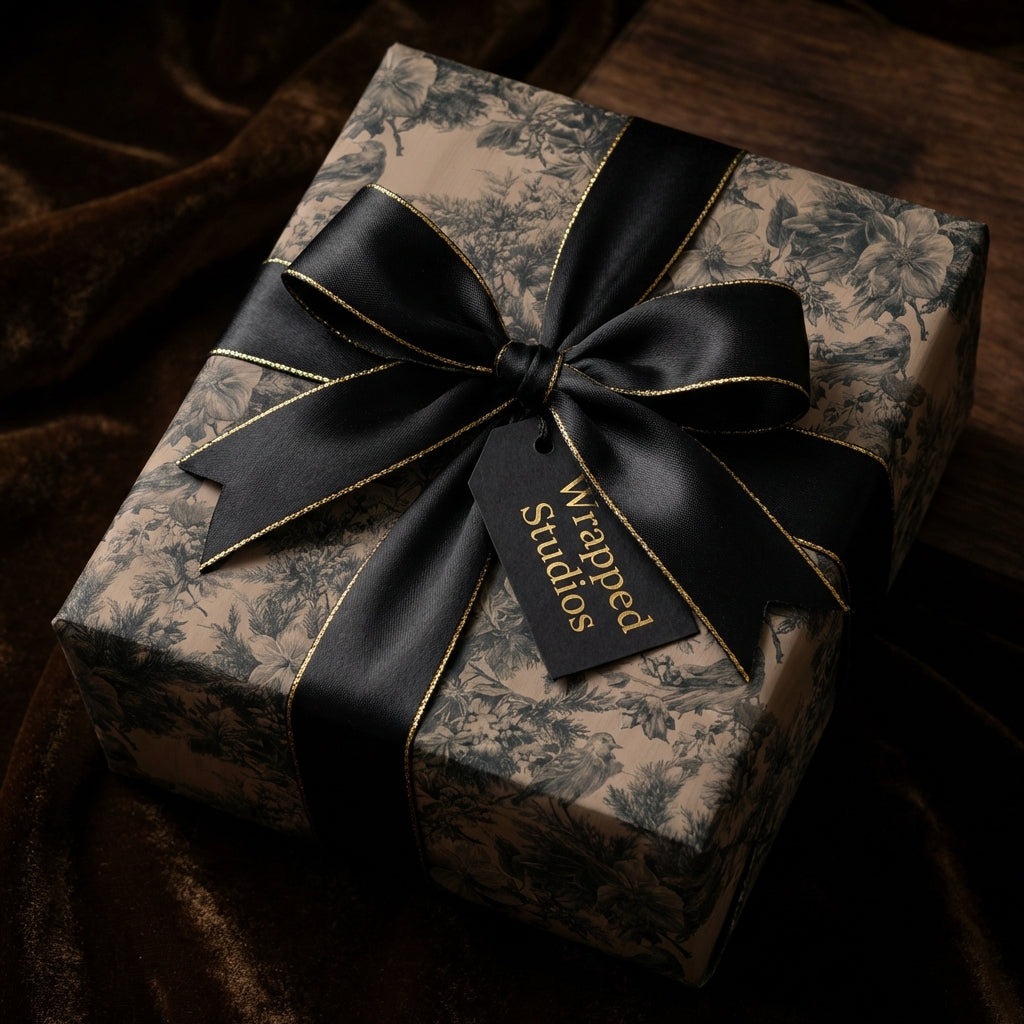 Elegant gift wrapped in Wrapped Studios vintage floral paper, with a black ribbon and gold trim.
