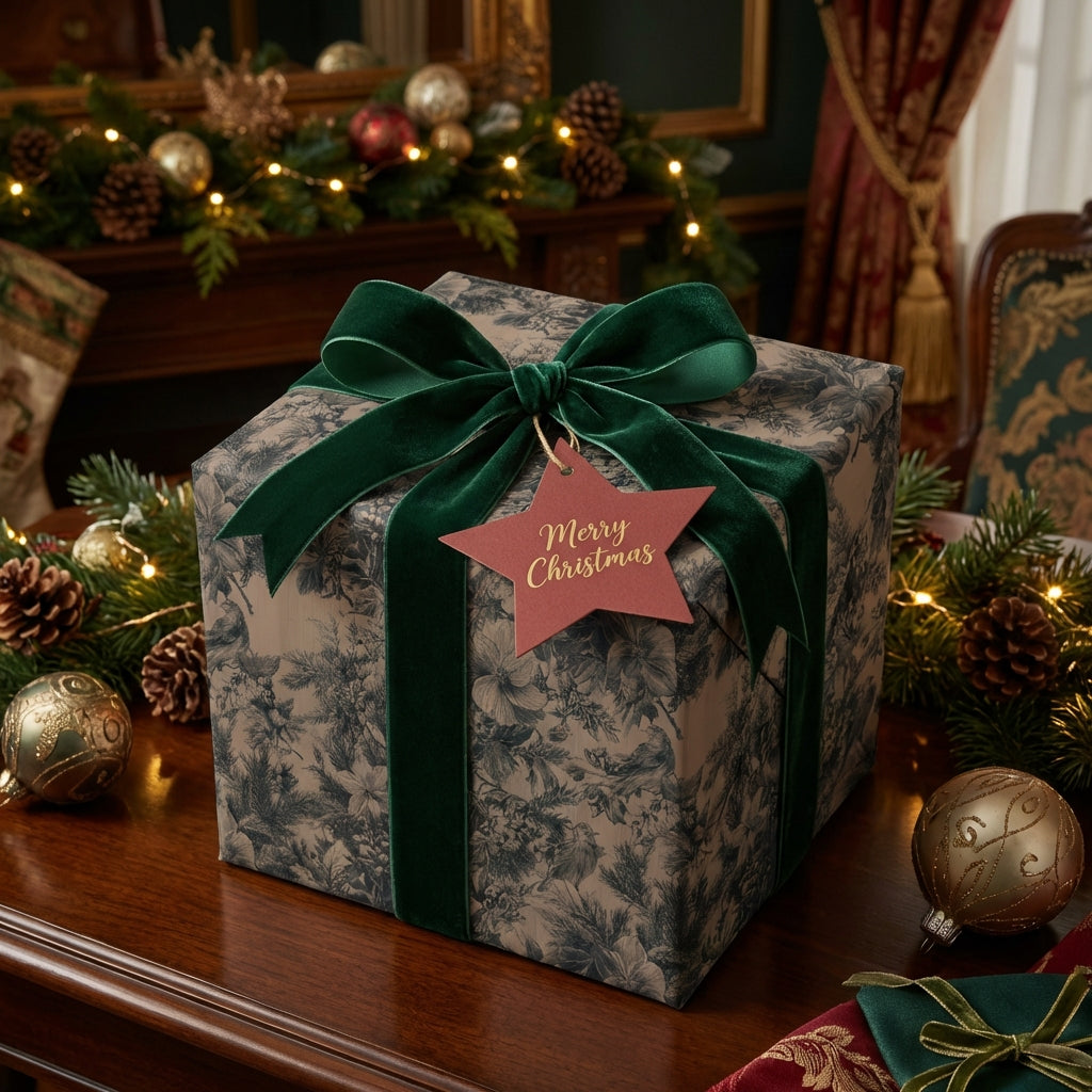 Elegant Christmas gift wrap with a green velvet ribbon and a floral pattern.