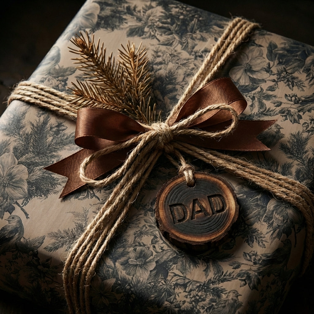 "DAD" gift wrapped in floral vintage paper with a brown ribbon and twine.