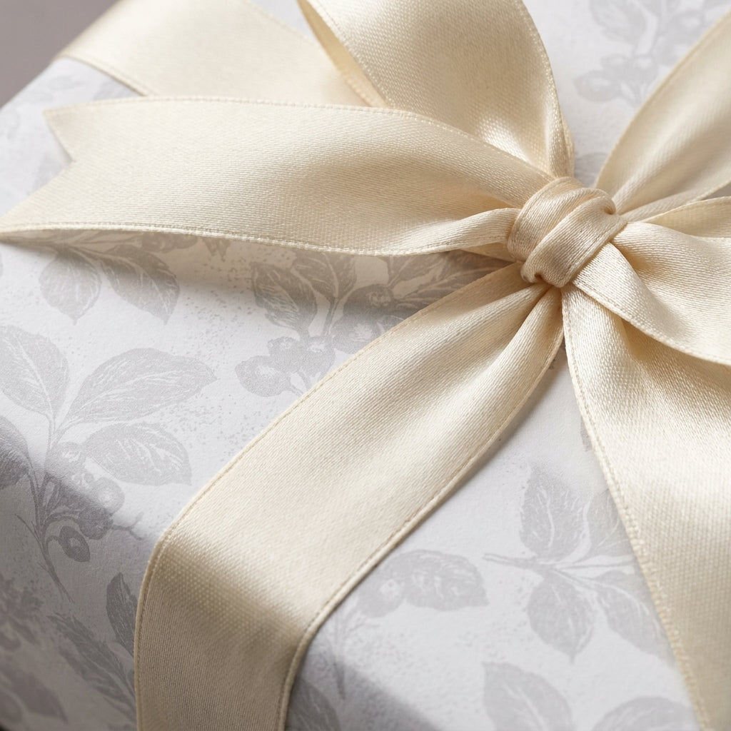 Elegant grey floral wrapping paper with a cream satin bow, luxury wedding gift wrap by Wrapped Studios.