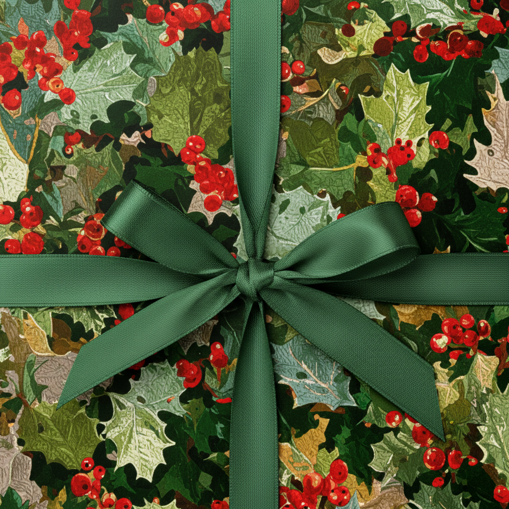 Festive Christmas gift wrap with holly berry pattern and a green satin ribbon bow.
