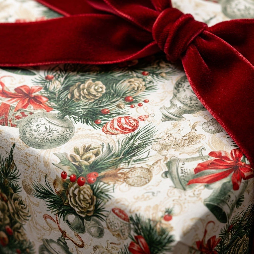 Vintage Christmas wrapping paper with festive ornaments and a luxury red velvet bow by Wrapped Studios.