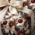 Elegant Christmas wrapping paper with pinecone pattern and cream ribbon bow by Wrapped Studios.
