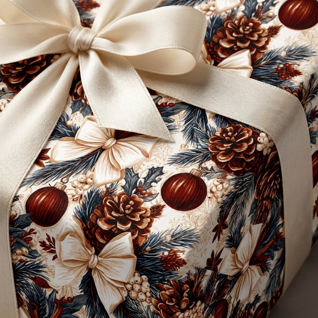 Elegant Christmas wrapping paper with pinecone pattern and cream ribbon bow by Wrapped Studios.