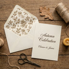 Elegant autumn wedding invitation with vintage botanical envelope liner by Wrapped Studios.