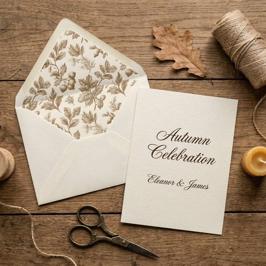 Elegant autumn wedding invitation with vintage botanical envelope liner by Wrapped Studios.