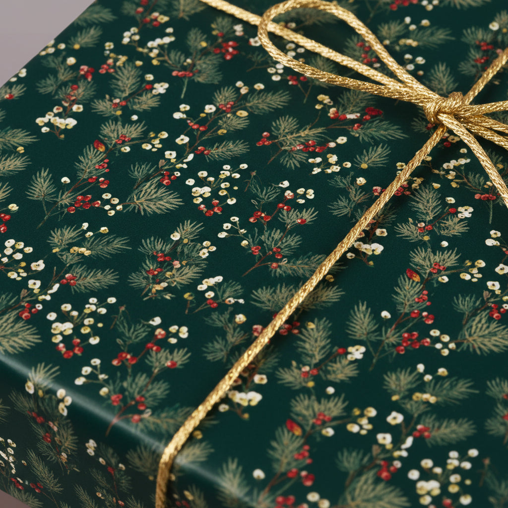 Close-up of a gift wrapped in dark green Christmas wrapping paper with a gold rope bow.