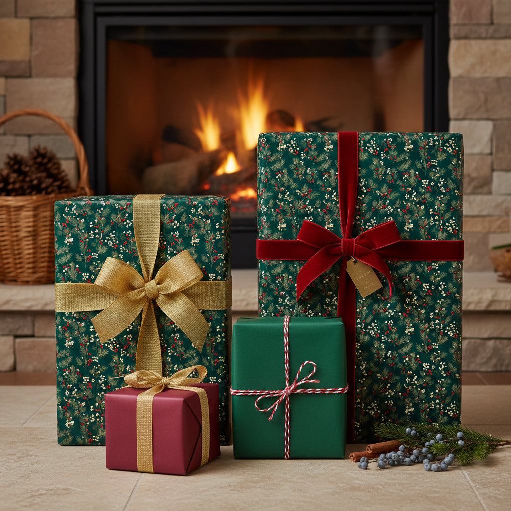 Elegant Christmas gift wrap with floral patterns and velvet ribbon, arranged by a warm fireplace.