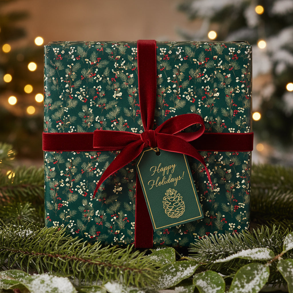 Elegant Christmas gift wrap with dark green floral pattern, red velvet ribbon, and "Happy Holidays!" tag.