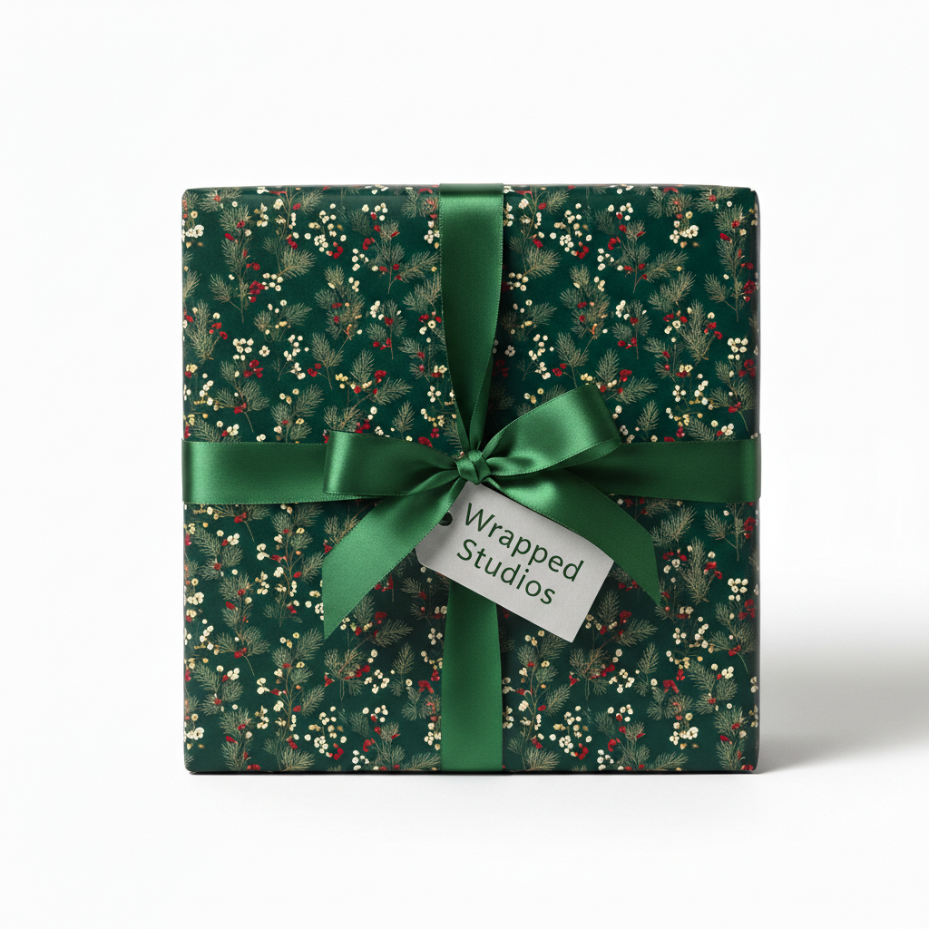 Square gift wrapped in green floral Christmas wrapping paper, tied with a satin bow.