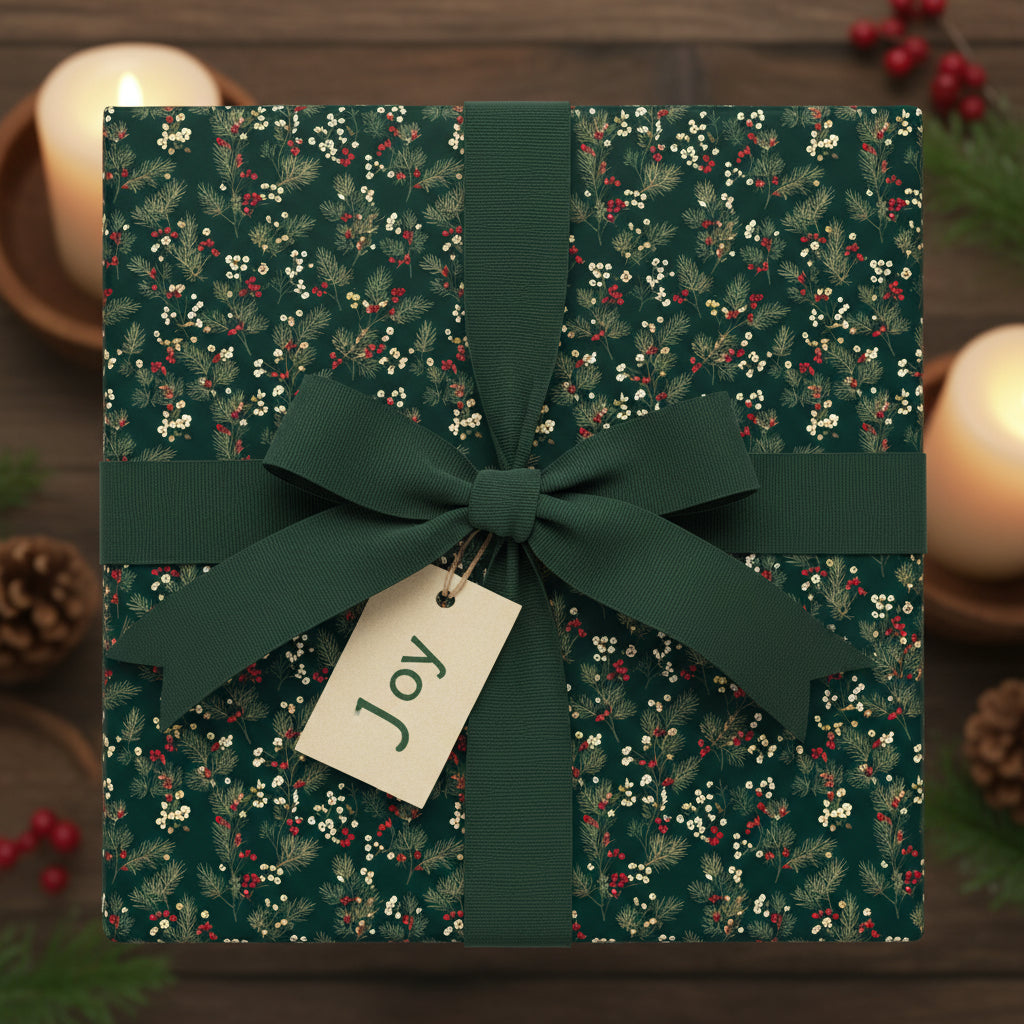 Elegant Christmas gift with dark green floral wrapping paper, ribbon bow, and a "Joy" tag.