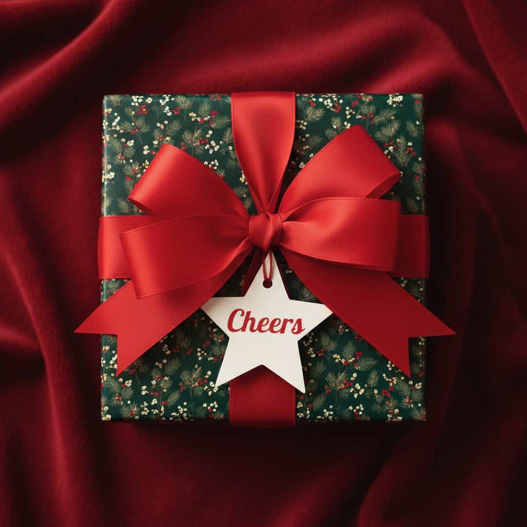 Festive Christmas gift wrapped in floral holiday wrapping paper with a red satin bow and "Cheers" tag, on red fabric.