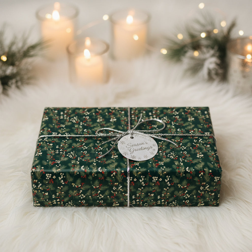 Elegant Christmas gift wrapped in dark green floral wrapping paper with silver ribbon and "Season's Greetings" tag.