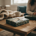 Dark floral wrapping paper on a square gift box with twine, cozy Christmas or birthday vibe.