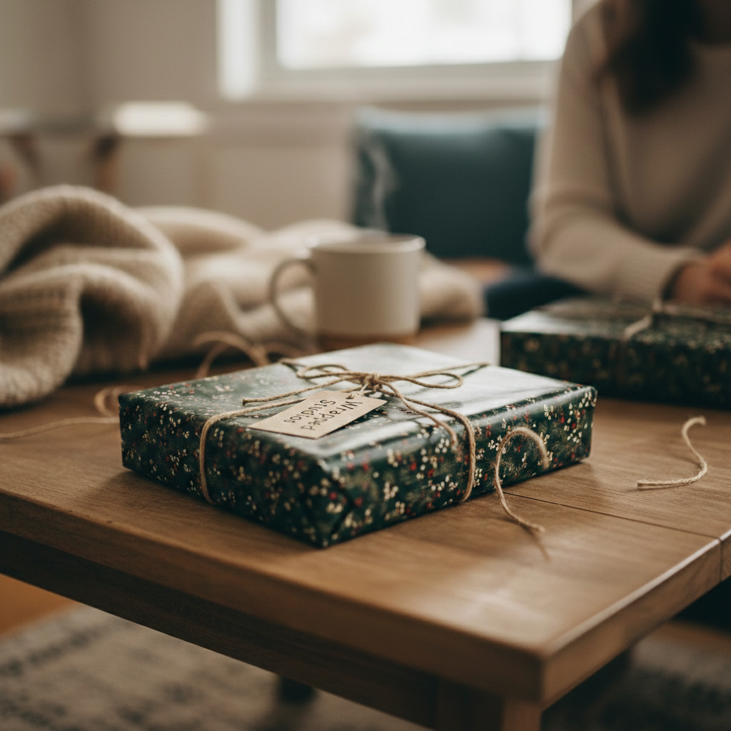 Dark floral wrapping paper on a square gift box with twine, cozy Christmas or birthday vibe.