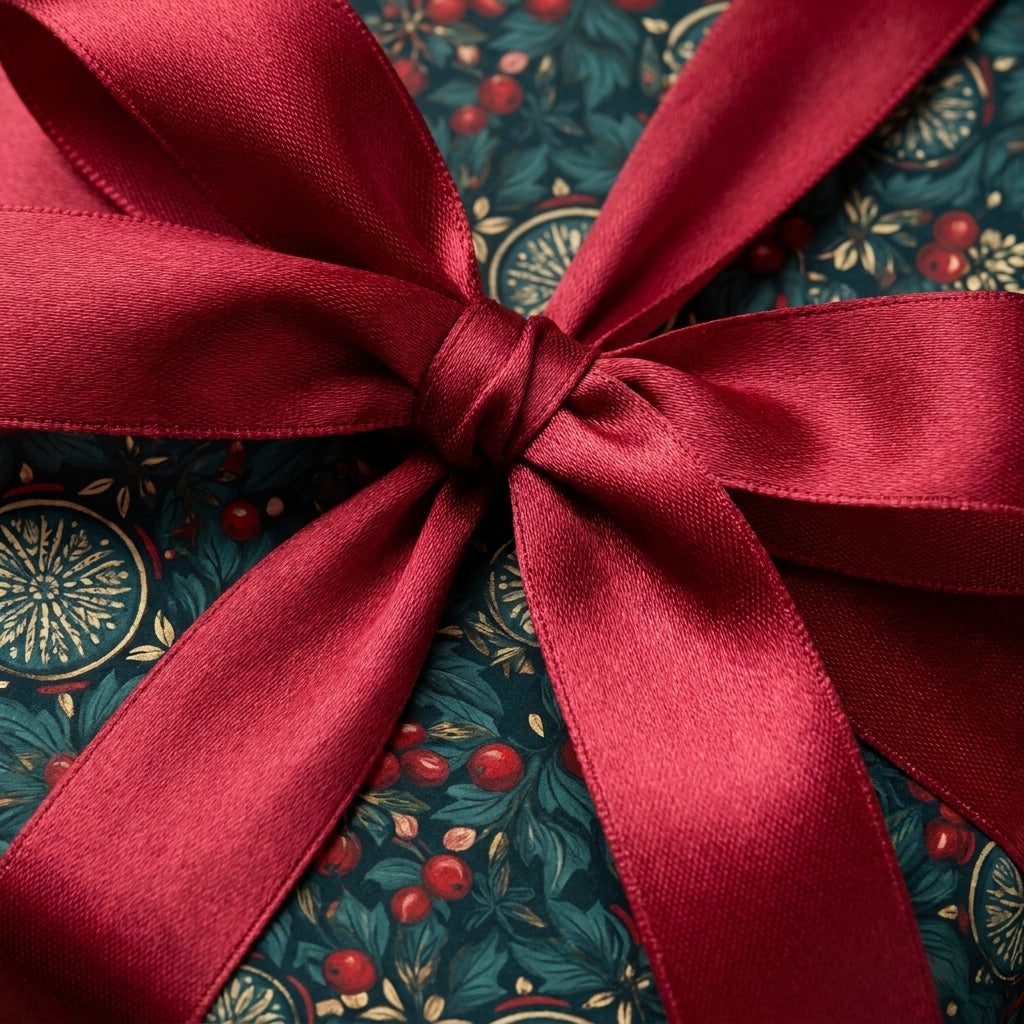 Luxury Christmas wrapping paper with green botanical patterns and a red satin bow by Wrapped Studios.