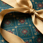 Luxury Christmas gift wrap in vintage teal and gold with a satin ribbon bow by Wrapped Studios.