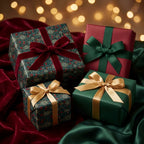 Luxury Christmas wrapping paper with botanical patterns and elegant velvet ribbons by Wrapped Studios.