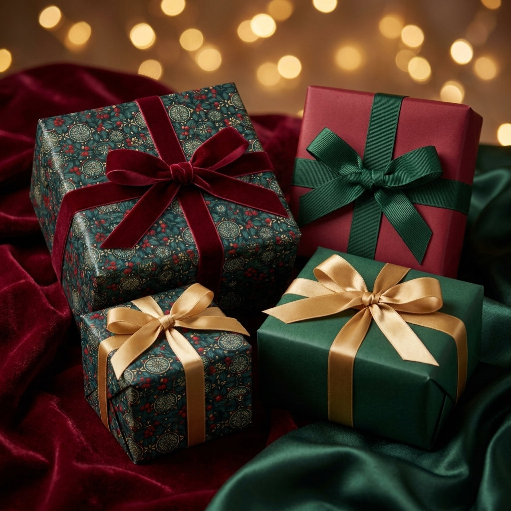 Luxury Christmas wrapping paper with botanical patterns and elegant velvet ribbons by Wrapped Studios.