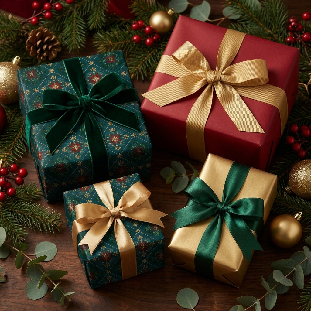 Elegant Christmas wrapping paper in luxury green, red, and gold with velvet bows by Wrapped Studios.