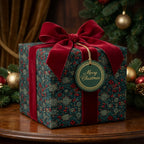 Luxury Christmas gift wrap with vintage green floral pattern and red velvet bow by Wrapped Studios.