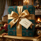 Luxury teal and gold Christmas wrapping paper with a large satin bow by Wrapped Studios.