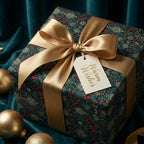 Luxury Christmas gift wrap with vintage botanical pattern and gold satin ribbon by Wrapped Studios.