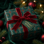 Luxury Christmas gift wrap with elegant green gold pattern and red velvet bow by Wrapped Studios.
