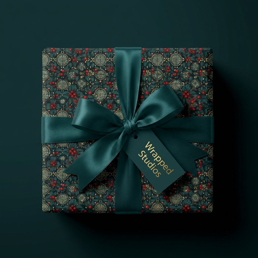 Luxury Christmas wrapping paper with botanical berries and a satin bow by Wrapped Studios.