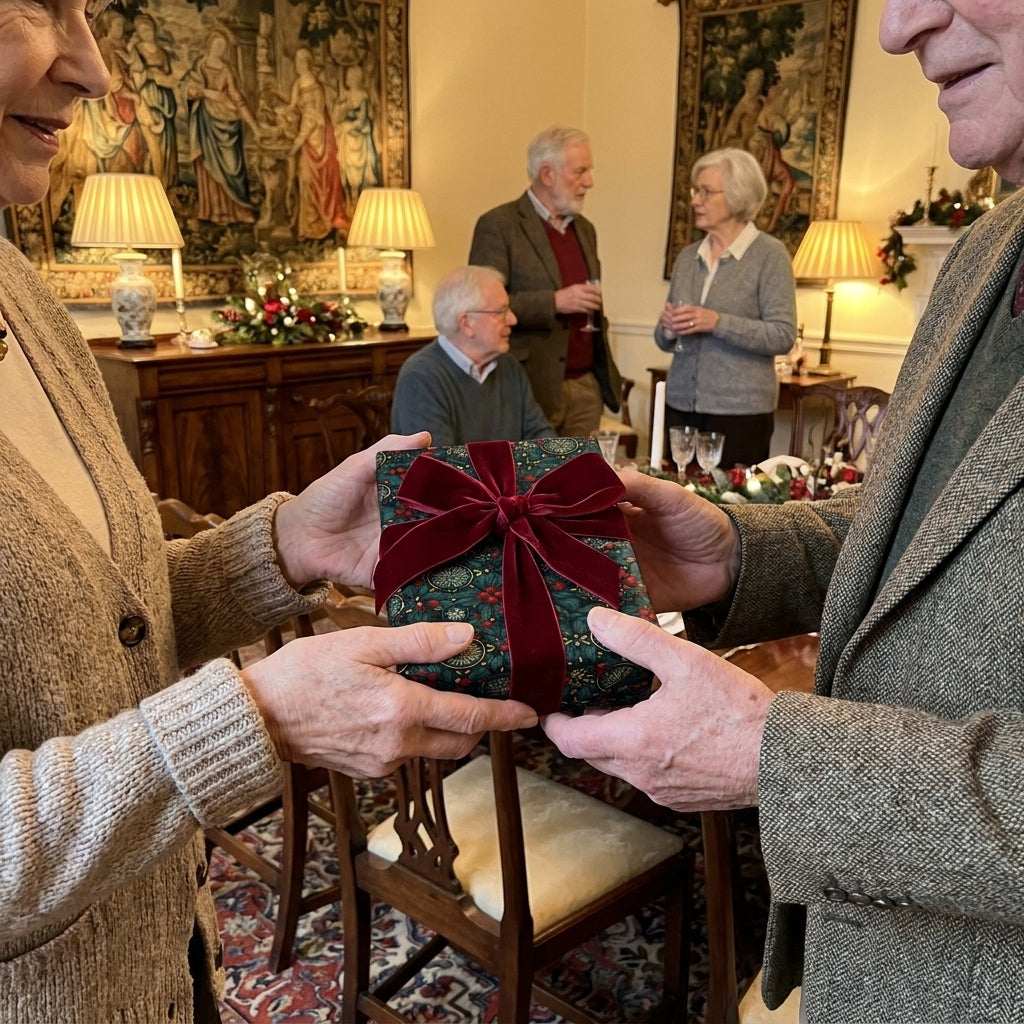 Couple exchanging a gift in luxury Christmas wrapping paper with a red velvet bow, by Wrapped Studios.