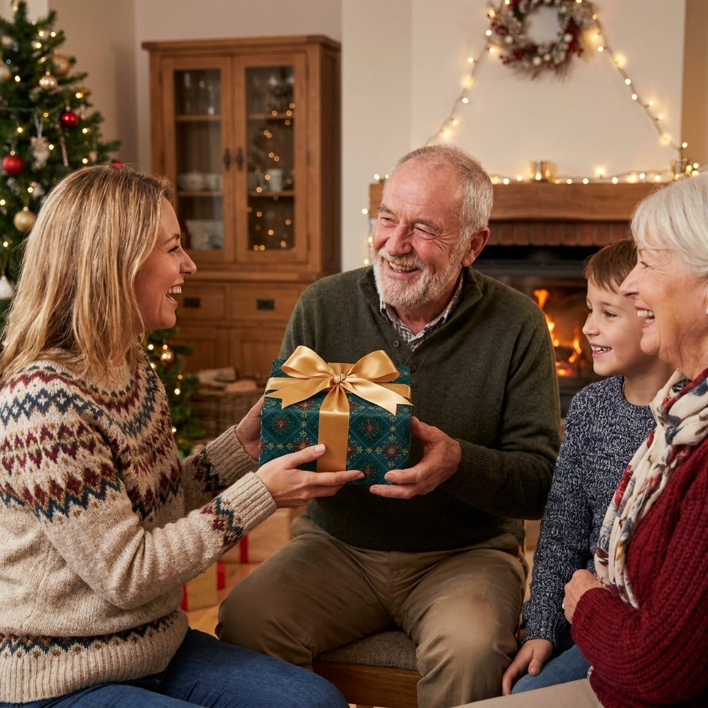 Family exchanging a Christmas gift in luxury green holiday wrapping paper with gold bow, by Wrapped Studios.