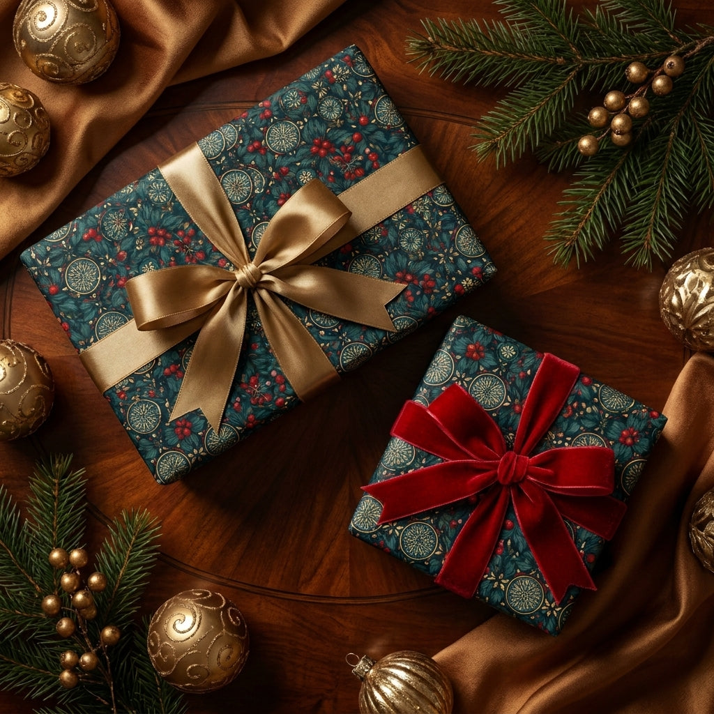 Luxury Christmas wrapping paper in a vintage botanical print with gold and red velvet ribbons by Wrapped Studios.