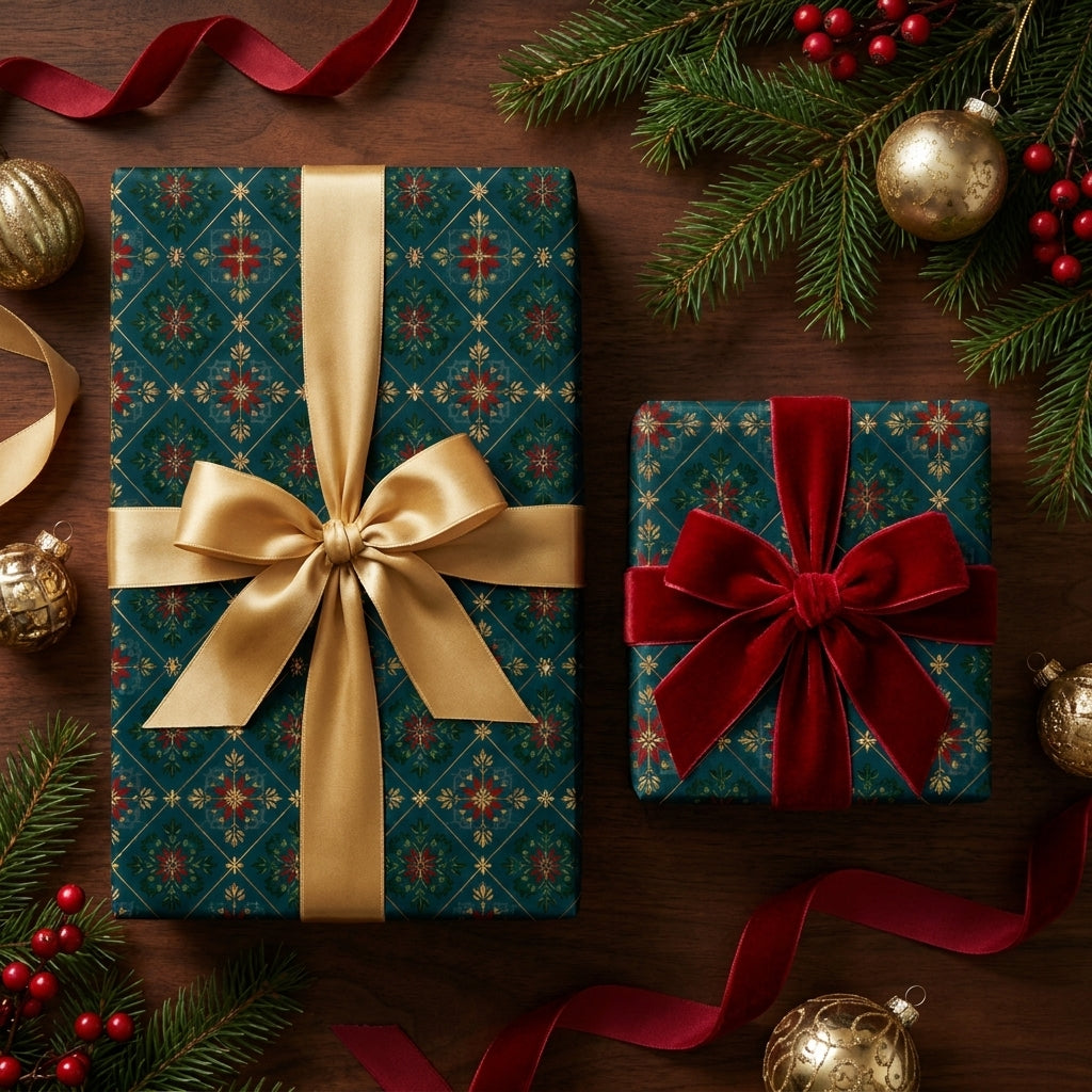 Luxury green and gold Christmas wrapping paper with elegant holiday bows by Wrapped Studios.