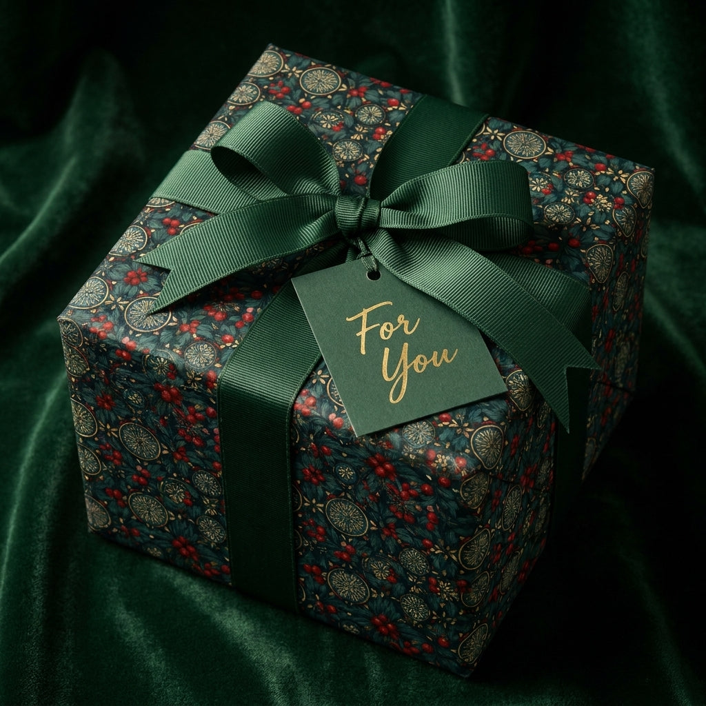 Luxury botanical Christmas wrapping paper with green ribbon and gift tag by Wrapped Studios.