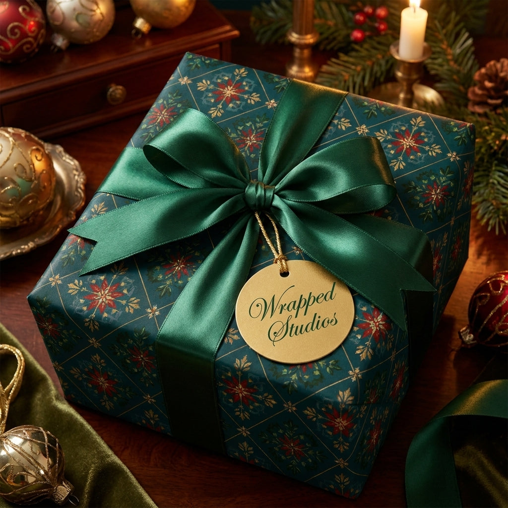 Luxury green floral Christmas wrapping paper with elegant satin bow by Wrapped Studios.