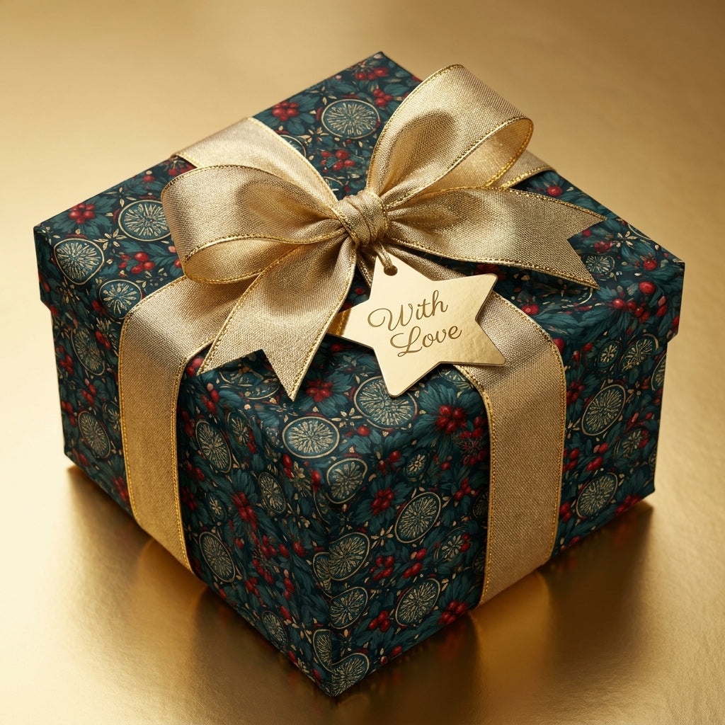 Luxury Christmas gift wrap by Wrapped Studios: vintage botanical holiday wrapping paper with a gold ribbon.