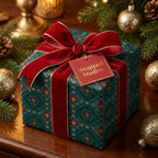 Elegant teal and gold Christmas wrapping paper with a red velvet ribbon by Wrapped Studios.